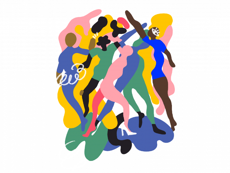 Eine abstrakte und bunte Illustration von Menschen unterschiedlicher Geschlechter und Hautfarben.