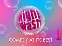 Das pinke NightWash-Text-Logo in einer Seifenblase vor einem pink, violett, blau und rötlich gefäbten HIntergrund mit weiteren Seifenblasen. Unter dem NightWash-Logo steht der weiße Schriftzug "COMEDY AT ITS BEST".